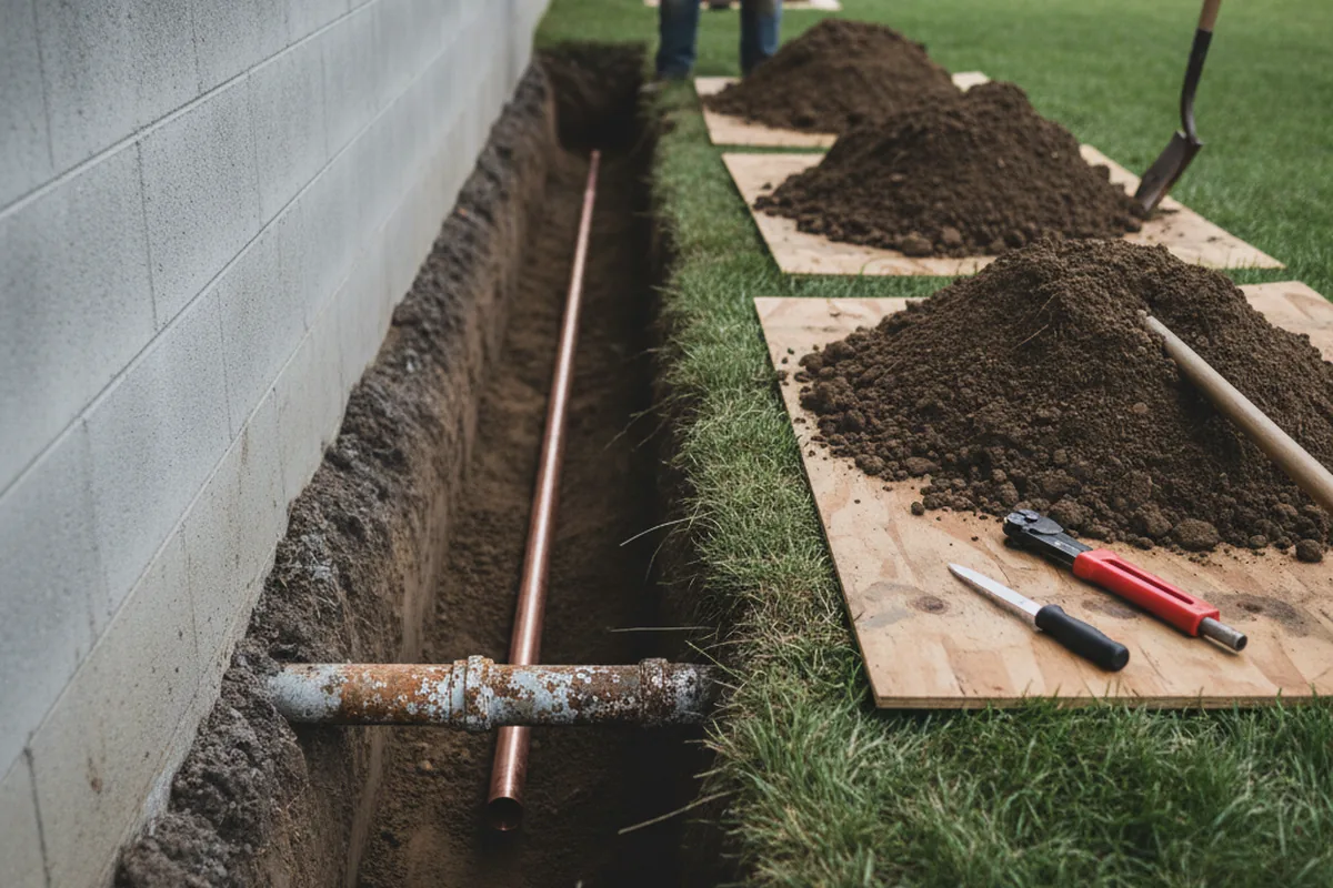 Excavated water line trench during Water Heater Repair in Goose Creek